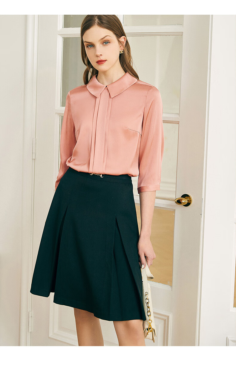 法曼萱藕粉色桑蚕丝衬衣女娃娃领2022春夏季新款法式别致中袖上衣藕色
