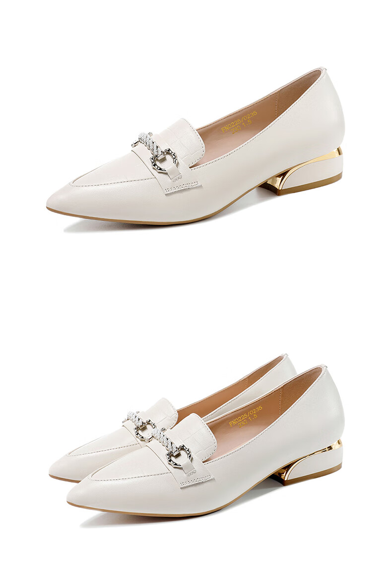 富贵鸟女鞋低跟单鞋女尖头平底皮鞋2022春秋白色英伦羊皮软皮豆豆瓢鞋