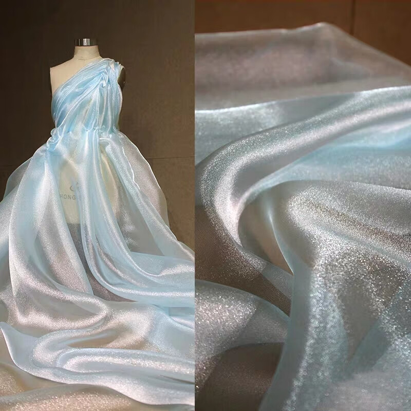 【好物】水光纱布料 晴空蓝水晶雪纱面料 闪光水光透视软网纱婚纱礼服