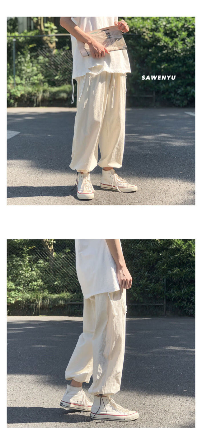 佐倾裤子男夏季亚麻日系复古棉麻裤薄款纯色宽松直筒休闲抽绳束脚裤子