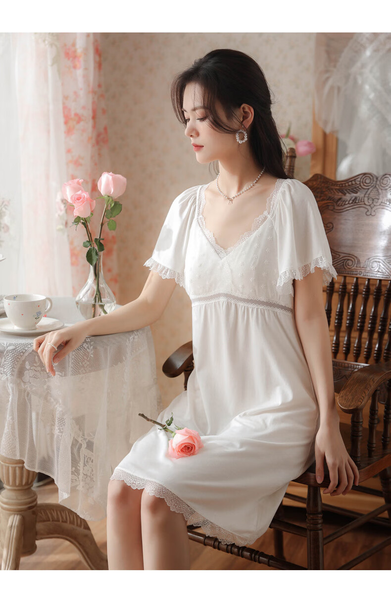 沐茵莎复古宫廷风睡裙夏带胸垫公主短袖棉睡衣蕾丝v领中长可外穿家居