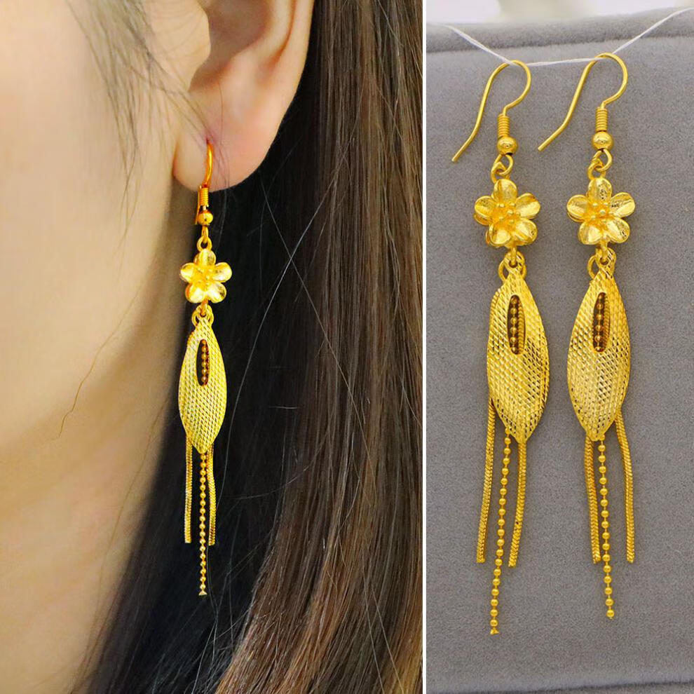 越南沙金耳环女金色镀金流苏叶子长款耳饰久不掉色首饰女神节赠女友