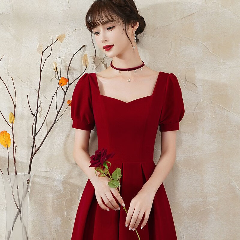 结婚礼服小个子酒红色订婚连衣裙女气质高档轻奢时尚明星同款红色s