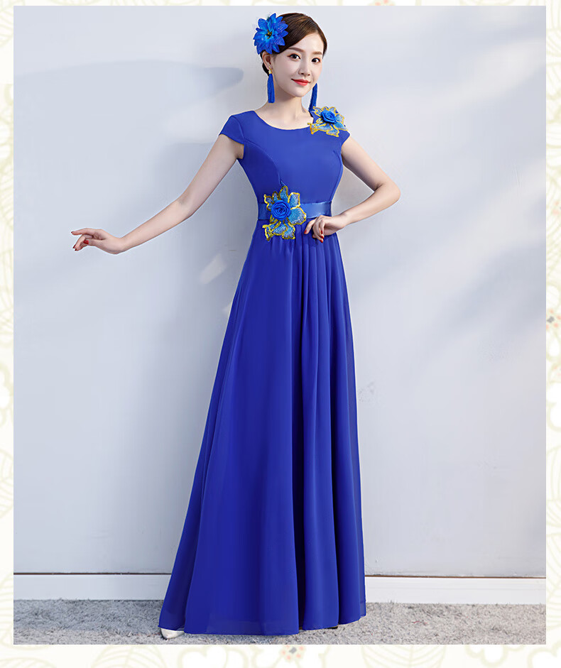 普戈斯新款大合唱服装长裙女中老年大码朗诵服表演演出服礼服团购白色