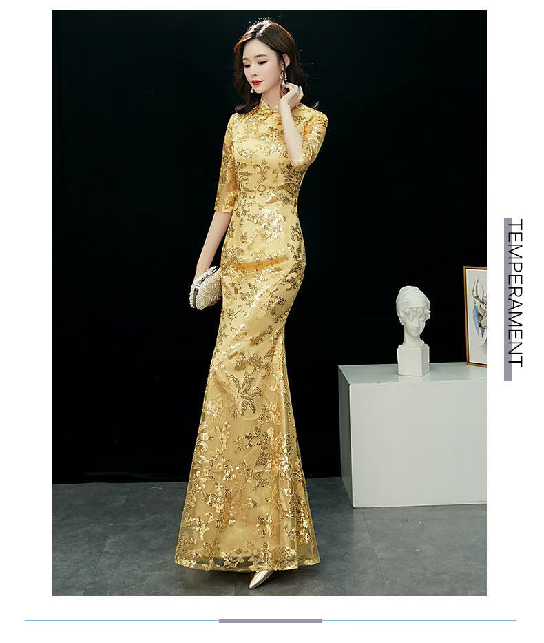 璨玥鱼尾旗袍改良版连衣裙高端走秀长款春秋季金色演出晚礼服气质长裙