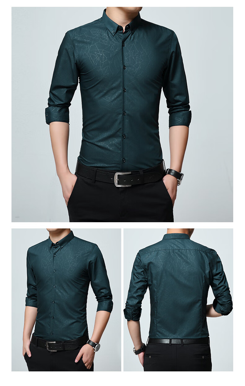 夏季超薄长袖衬衫男冰丝涤纶小领村衫男韩版修身潮化纤免烫超溥薄聚酯