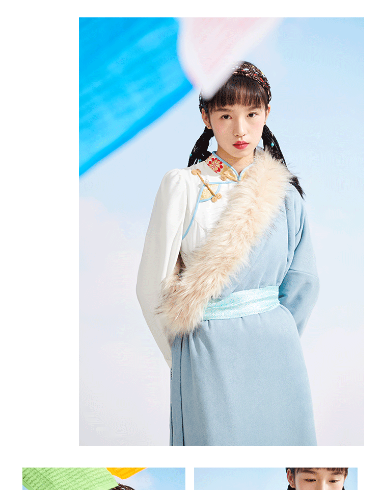 藏装女士新款藏族服装女全套藏袍藏族服装女写真蓝色毛领西藏民族风