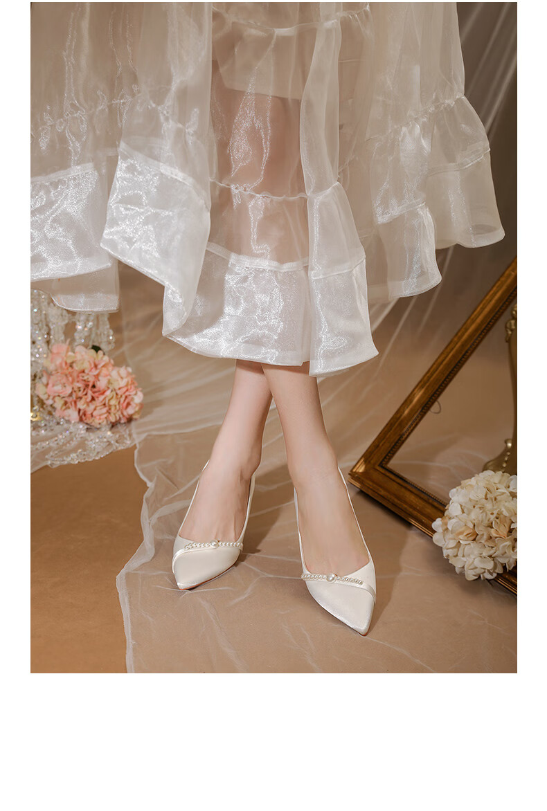 红蜻蜓品牌伴娘鞋女中跟婚鞋年新款配婚纱的鞋子法式气质单鞋结婚新娘