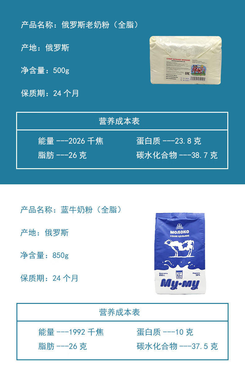 俄罗斯进口蓝牛大牛奶粉固体饮料全脂脱脂乳粉无蔗糖中老年人成人