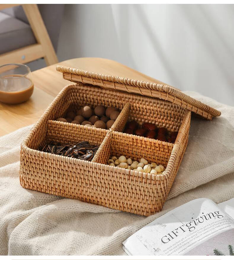 竹编收纳盒 干果收纳盒竹编制品家用手工编织篮家用带盖分隔藤编果盘
