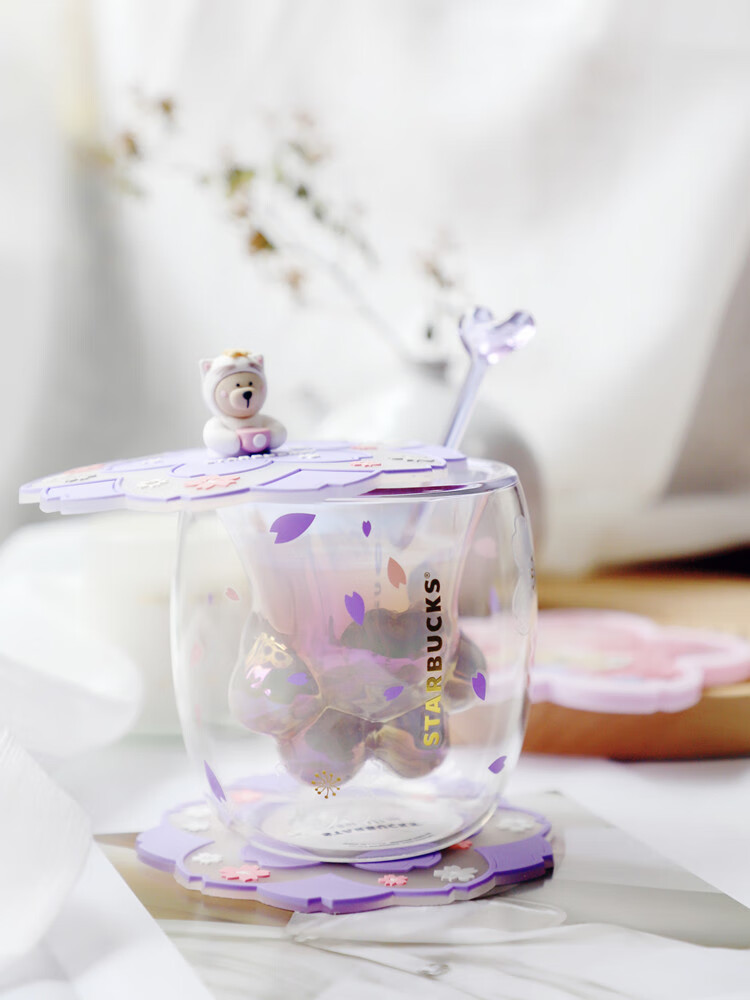 星巴克猫爪杯官网2021新款紫樱玻璃限量猫抓水杯子情人节橘色南瓜猫爪