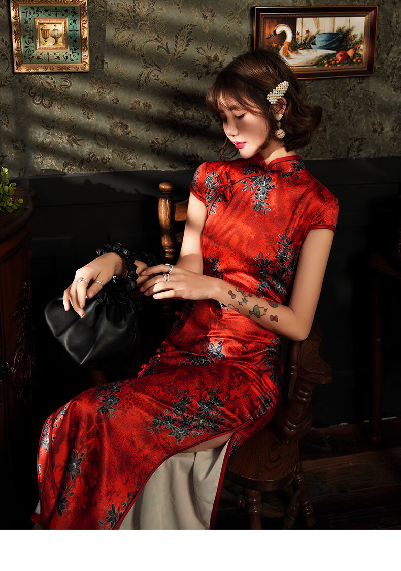 【上海名媛气质旗袍】老旗袍少女年轻款性感名媛红色长款复古民国改良