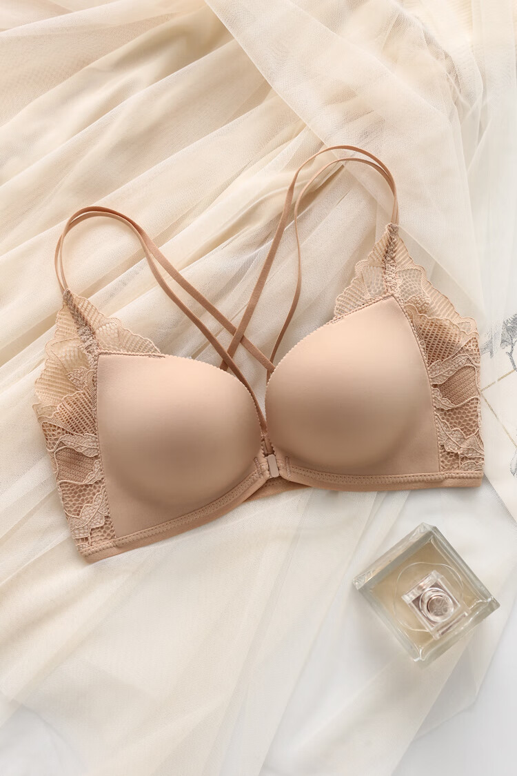 前扣文胸套装无钢圈内衣女小胸平胸聚拢胸罩棉蓝色套装s建议3270ab