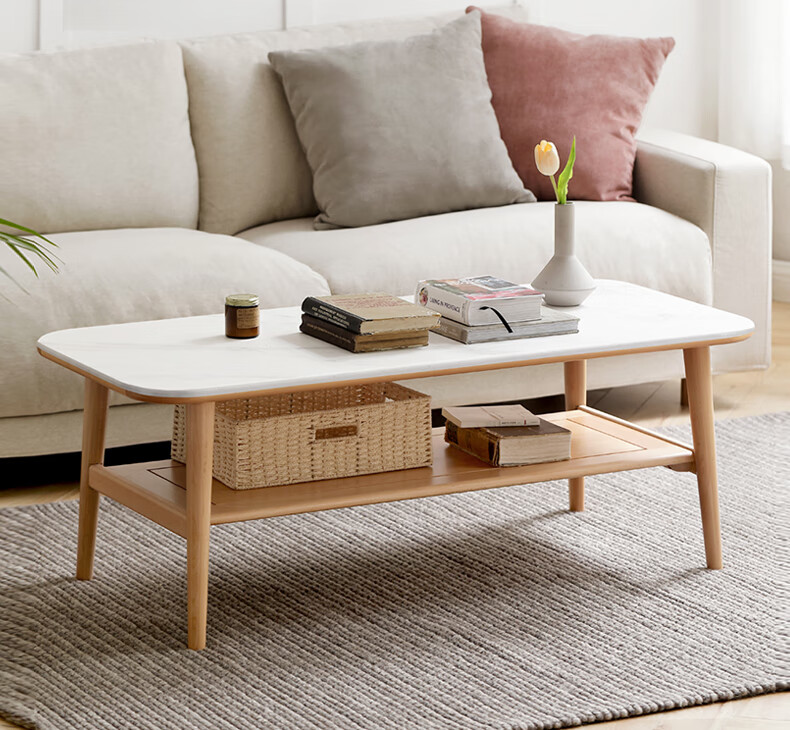 源氏木语实木岩板茶几现代欧洲榉木茶桌北欧客厅家用小户型茶台 白蜡