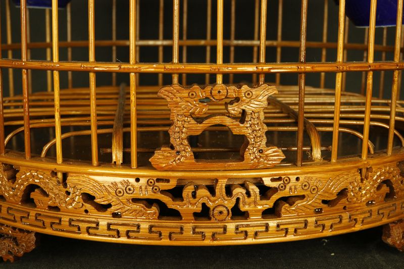 二龙戏珠画眉鸟笼八哥麻料笼竹制鸟笼雕刻画眉笼 大号紫竹回字纹镂空