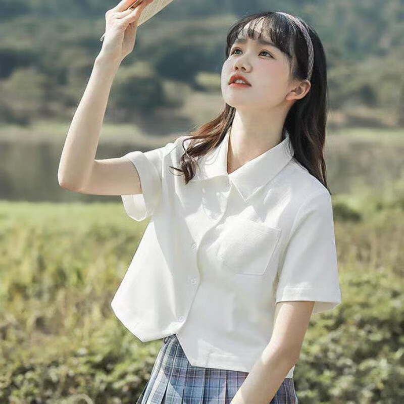 夏季短袖t恤女上衣少女学院风jk制服基础款奶白色女学生尖领宽松短款