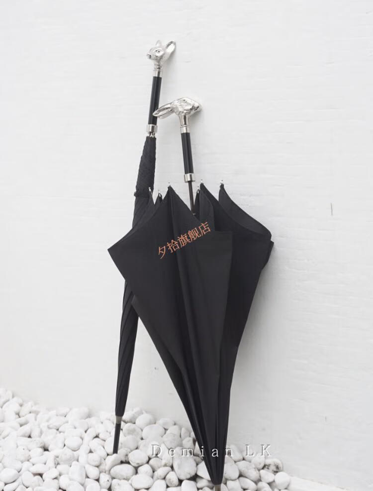 日本fiyu胶囊伞 fox umbrella英国动物头长柄绅士雨伞 黑色伞布 银色