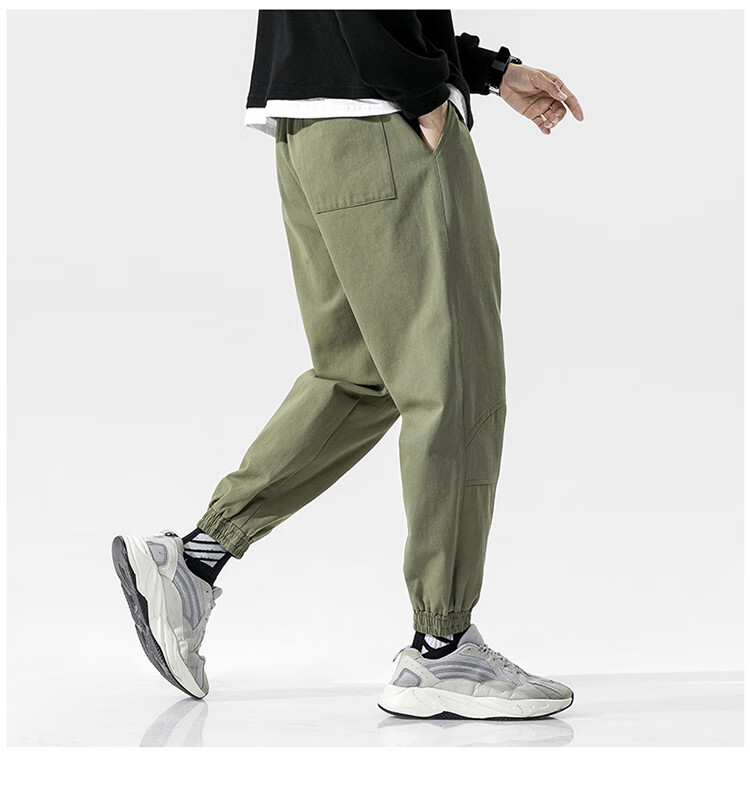 休闲裤男韩版潮流夏季 宽松裤子束脚工装裤潮牌透气九分裤 卡其色 l