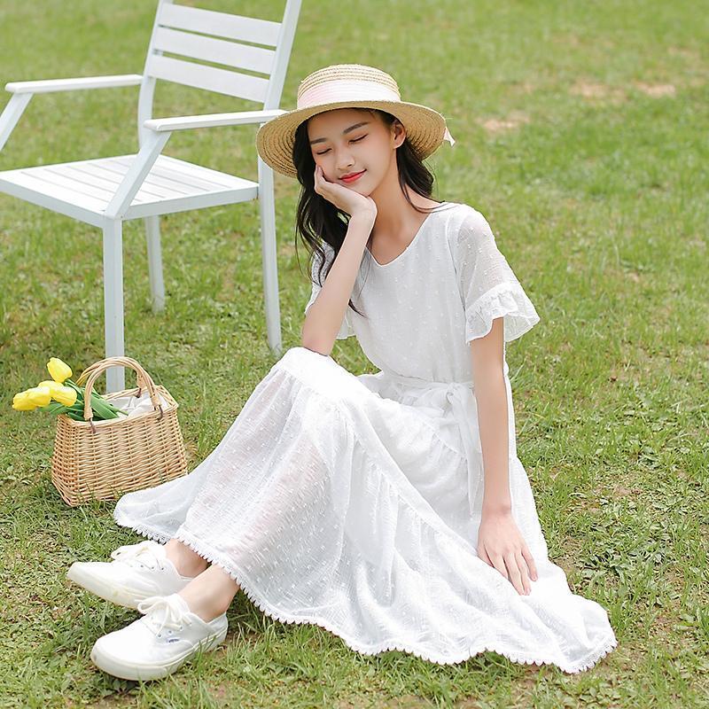 少女连衣裙长款夏季初中学生大童夏装高中女生白色雪纺长裙子过膝白色