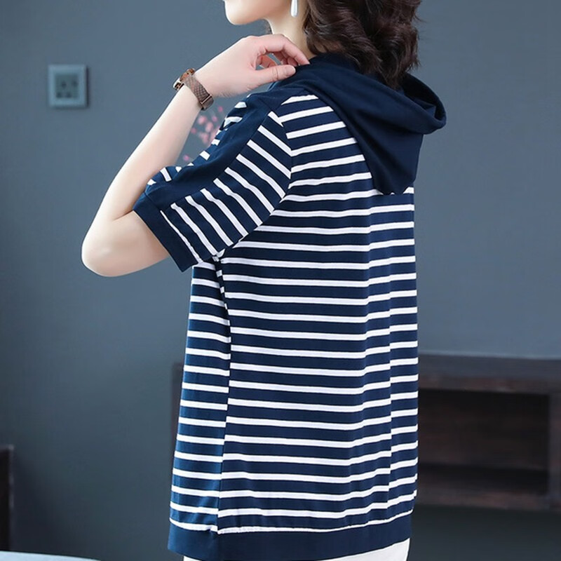 女韩版新款休闲宽松条纹连帽短袖t恤