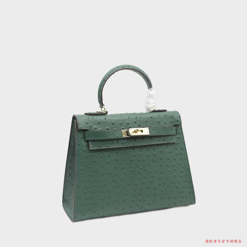 德欧老头包包女新款鸵鸟纹凯莉包手提包女牛皮斜跨铂金包质感结婚新娘