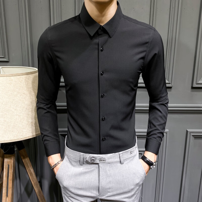 闪爆 长袖衬衫男修身百搭韩版2020秋冬款新品简约衬衣纯色免烫商务