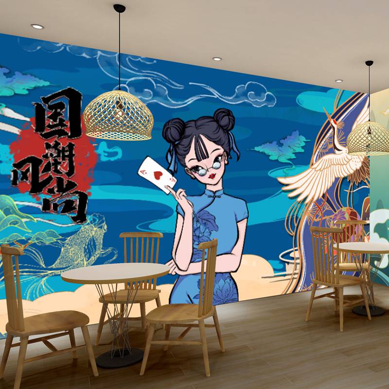 棋牌室墙纸国潮风麻将馆墙纸烧烤火锅饭店背景墙装饰壁画棋牌室餐厅