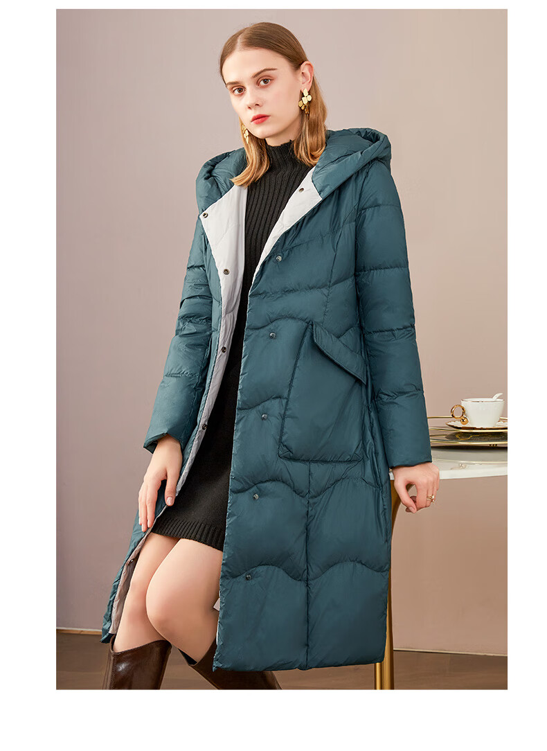 亦朵绿色轻便鹅绒长款羽绒服女过膝2022年新款品牌收腰冬季外套感 黛