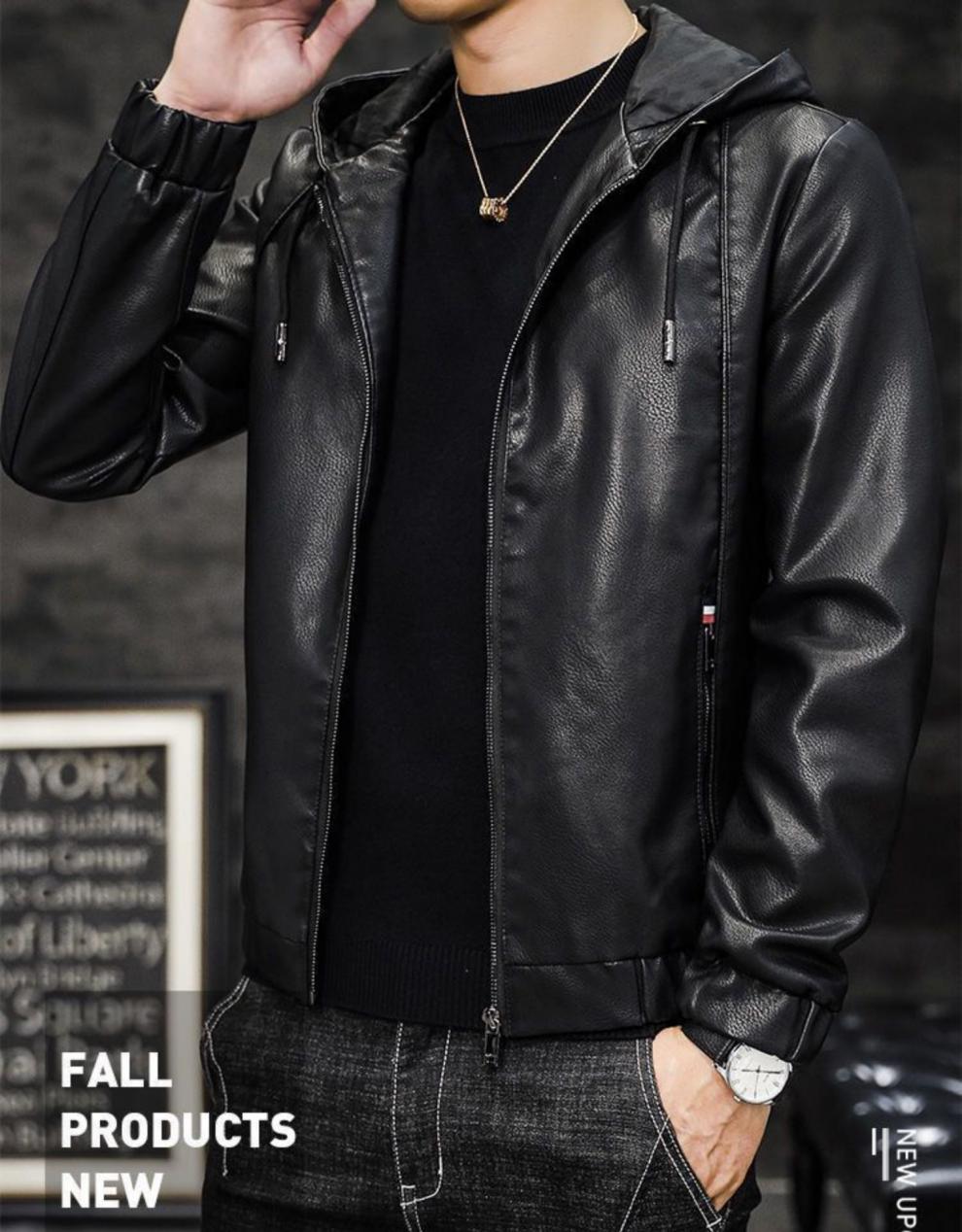 冰洁男装连帽海宁皮衣男春季新款休闲百搭皮夹克韩版潮流修身帅气机车