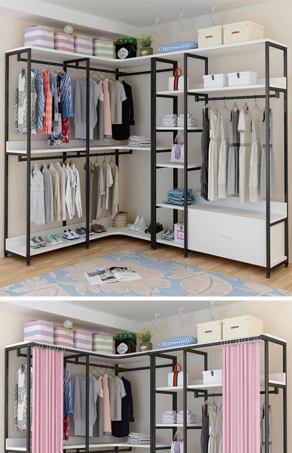 60转角衣帽架卧室轻奢开放式衣柜架落地金属自制衣帽间简约收纳架子