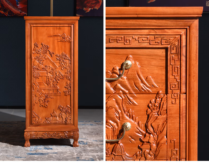 临宝得乐全香樟木雕花五斗柜实木仿古柜子古典复古五斗橱抽屉柜收纳柜