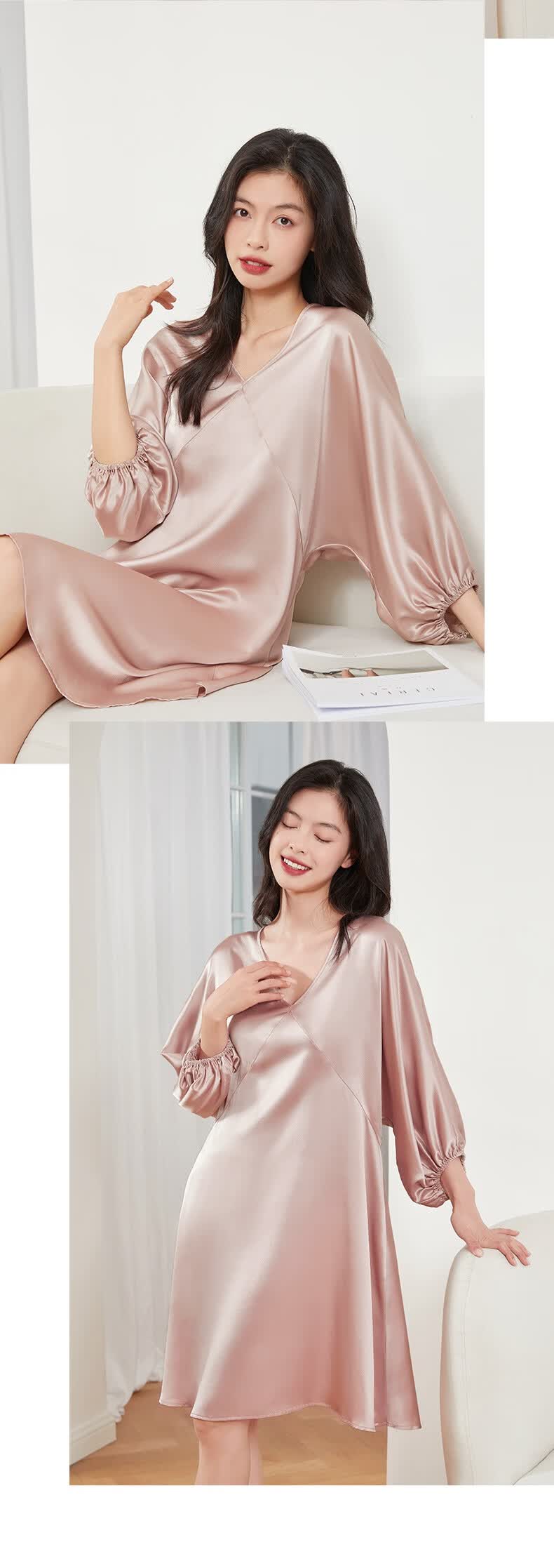 万事利 wensli真丝睡裙真丝睡衣女v领纯色灯笼袖桑蚕丝家居服睡衣生日
