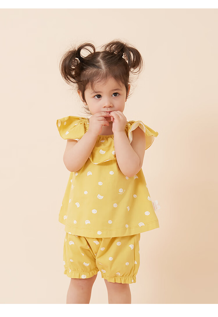 棉花堂针织娃娃t恤宝宝夏装女童娃娃裙衫婴儿衬衣小女孩上衣 黄底波点