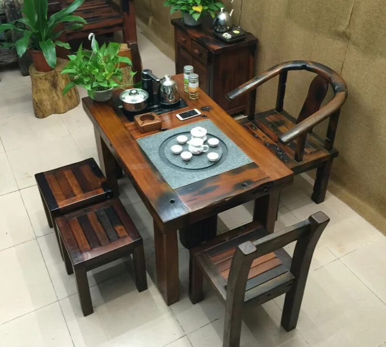 茶台家用小户型功夫茶几阳台实木一体电磁炉茶桌 1米 2靠背椅 电器中