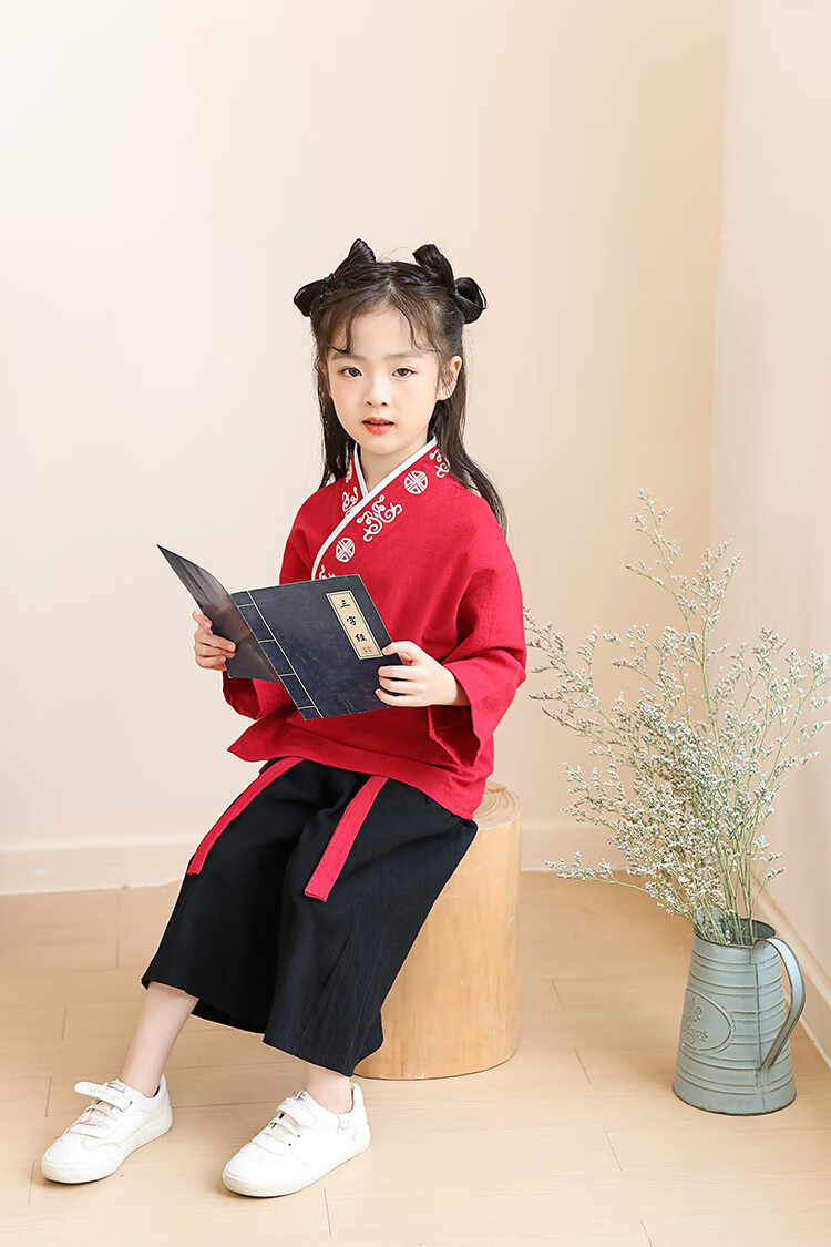 艺林儿童中国风刺绣棉汉服男女书童国学服套装开笔礼幼儿小学生演出服