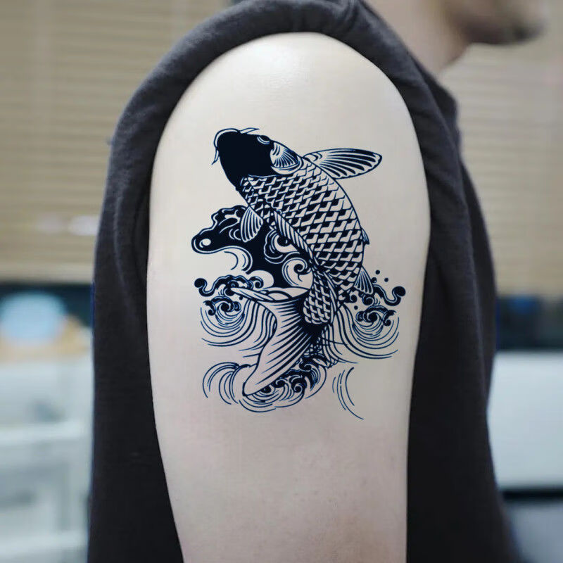 uhfq纹身贴男士私处大图鲤鱼花臂草本纹身贴果汁半鲤鱼图案防水男女