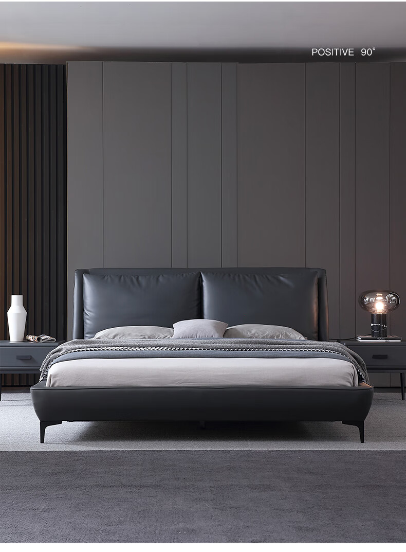 美纳居品真皮床轻奢床灰色北欧主卧15米18米大床现代轻奢头层牛皮床网