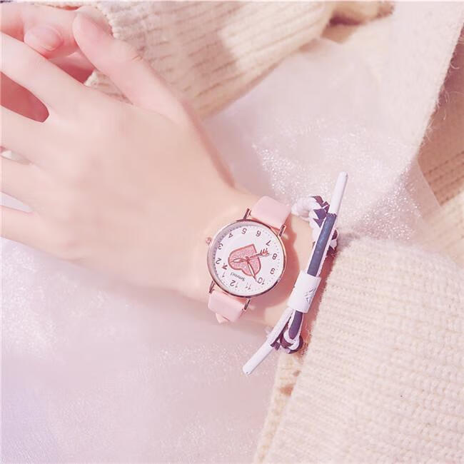 慧润手表ins樱花粉女学生韩版简约少女闺蜜可爱新款心形夜光蓝带手表