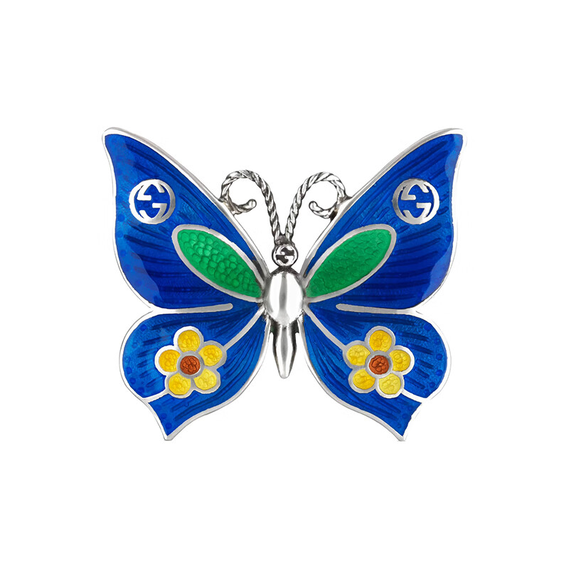 gucci古驰22春夏新款925纯银饰互扣双g蓝绿黄三色珐琅蝴蝶马衔索链