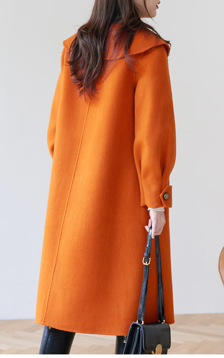 糖果色大衣双面毛呢大到新款海军娃娃领中长款南瓜色双面呢x609南瓜色