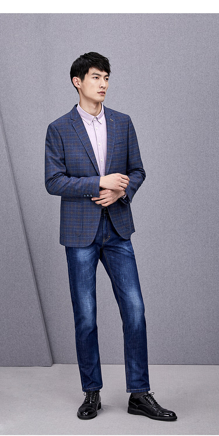 西服男2021时尚个性撞色格纹休闲西装外套男绅士优雅青年流行平驳领