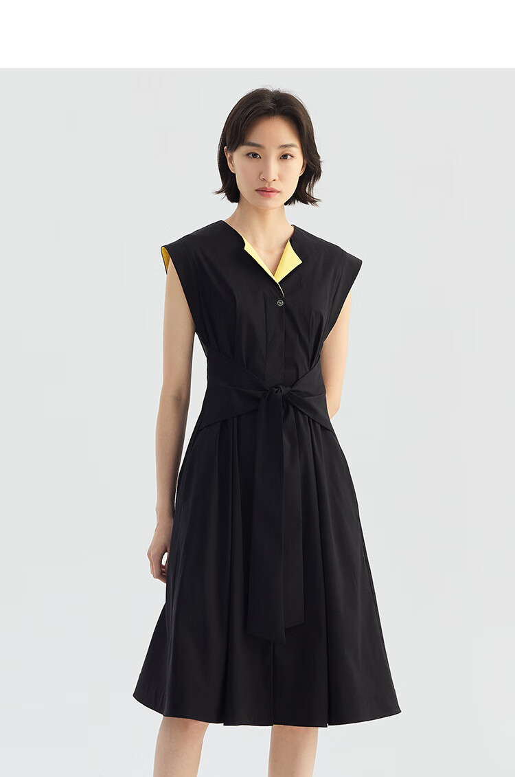 eachway艺之卉连衣裙女2022商场同款撞色打结腰带收腰a字摆01薄暮黑s