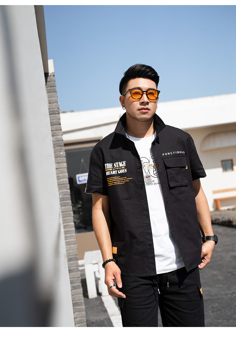 坦野大码男装短袖衬衫男胖子男装胖子短袖衬衫宽松版衬衣肥佬立领上衣