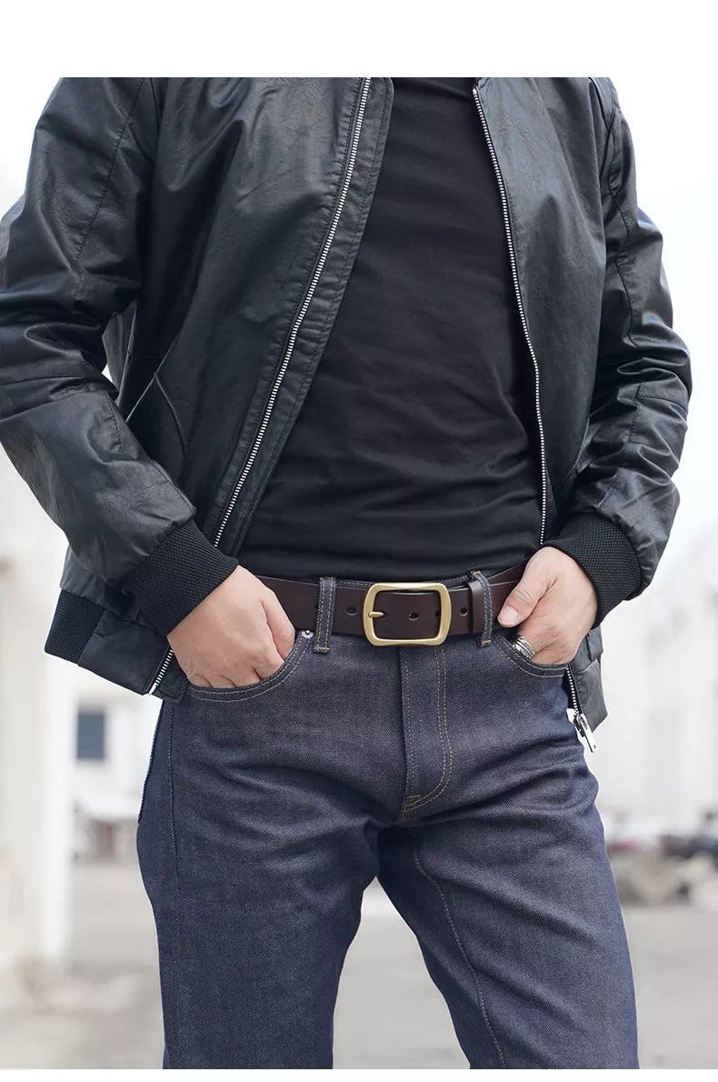 精品直发男士皮带真牛皮铜扣皮带男牛仔简约百搭复古裤腰带哈璐亚