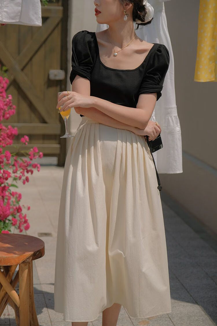 buzraur春夏季新款非常优雅法式半身裙伞裙的奶油米色高腰褶皱蓬蓬米