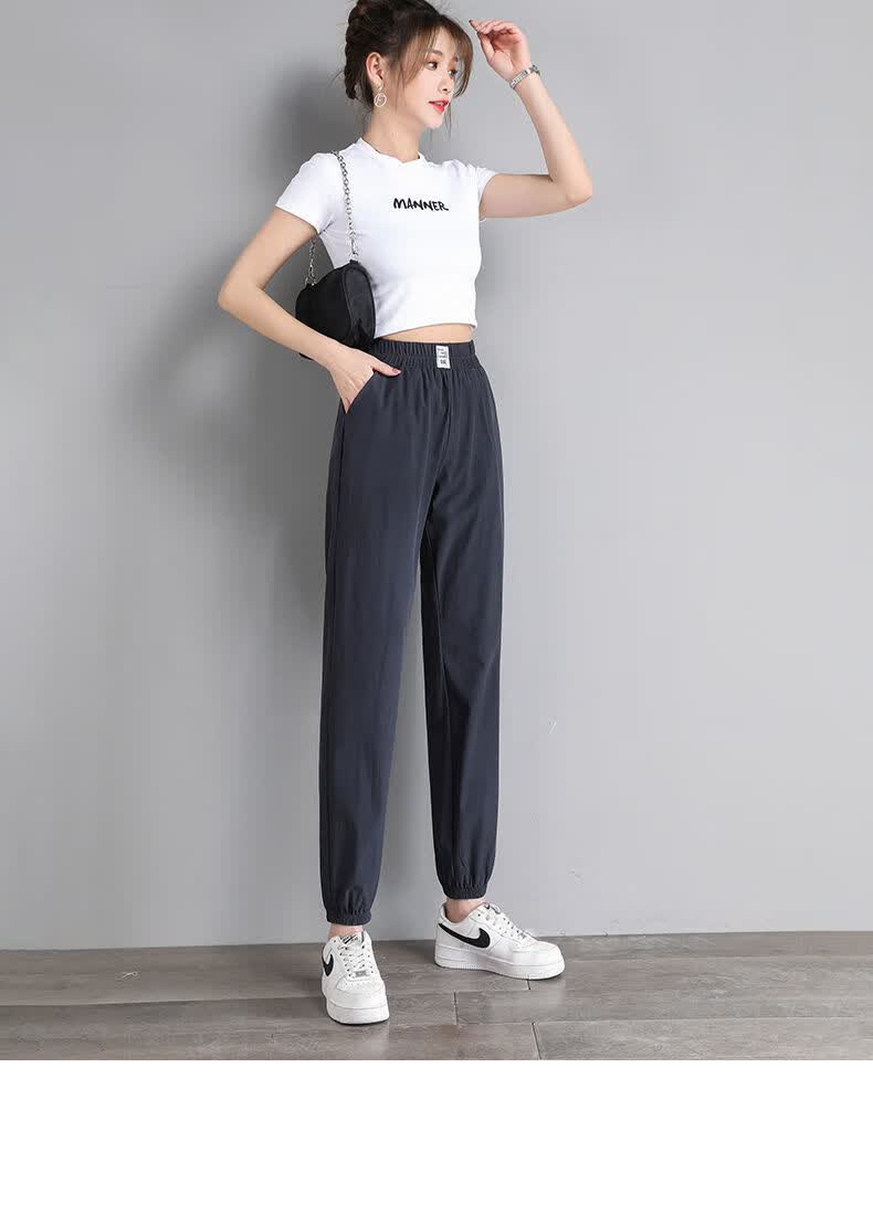冰丝裤女夏季薄款2021新款哈伦灯笼裤休闲女裤速干九分运动裤女夏黑色