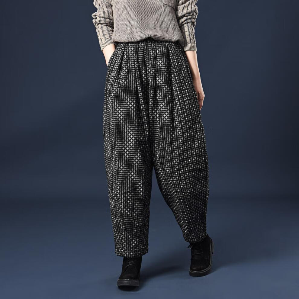 格子老爹裤冬季加厚保暖棉棉裤女外穿宽松高腰棉麻夹棉阔腿裤 黑色