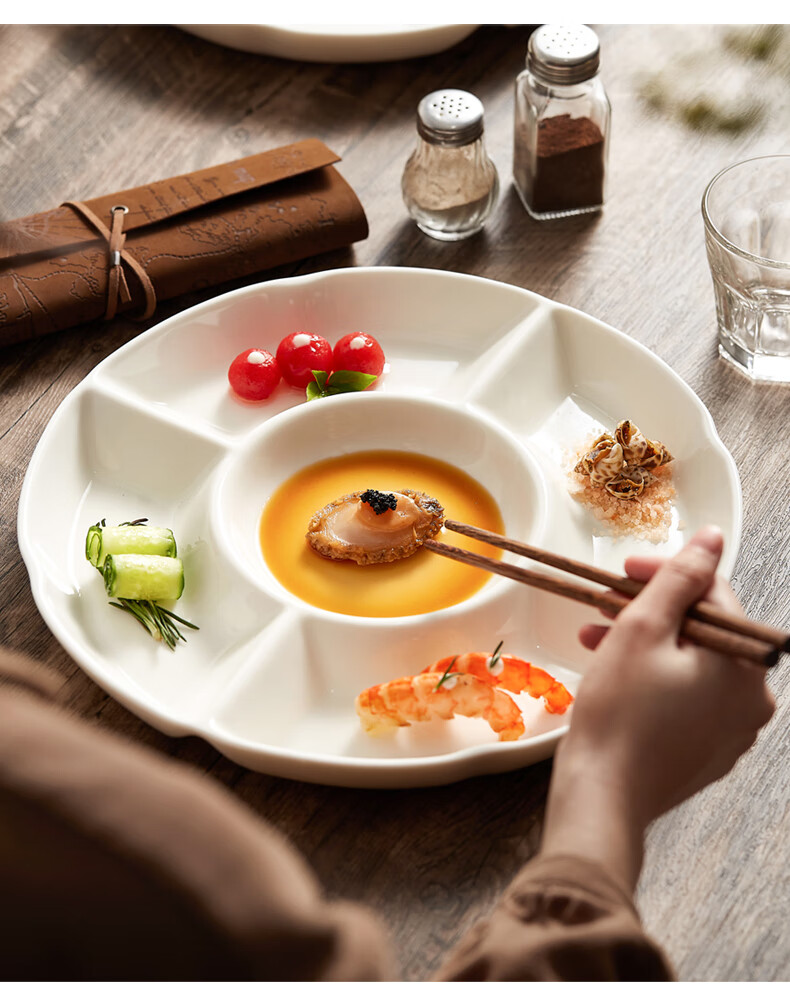 白色圆形陶瓷卤水拼盘盘子五格菜盘精致高端水果盘酒店餐具 葵口五格