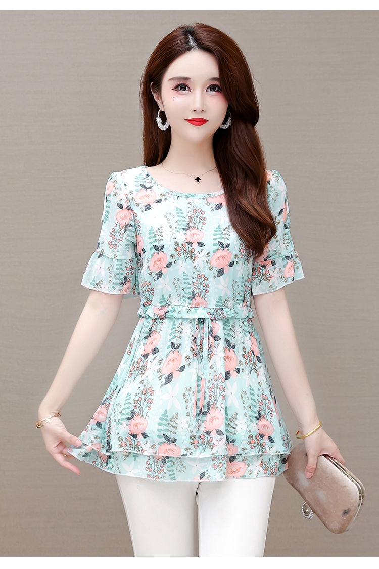 冰丝打底衫女2022夏新款气质显瘦短袖妈妈装碎花上衣女衣服女杏色m