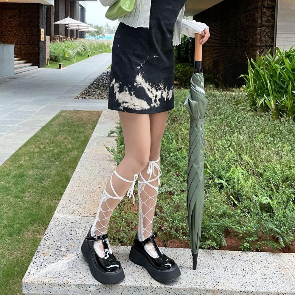 白色萝莉交叉绑带袜子夏季薄款女lolita小腿日系学生jk美腿中筒袜